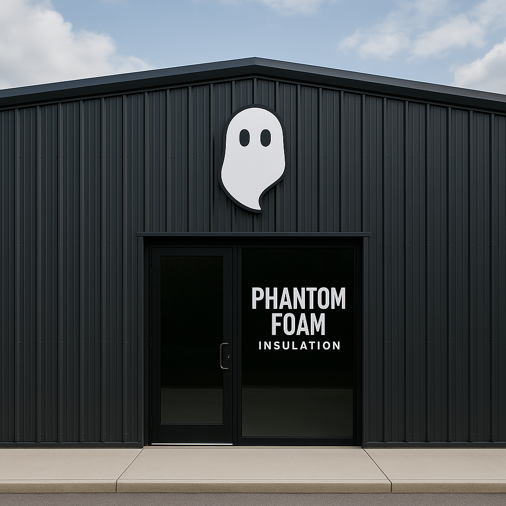 Front view of Phantom Foam Insulation’s sleek black metal building with the ghost logo above the entrance and business hours displayed on the window.