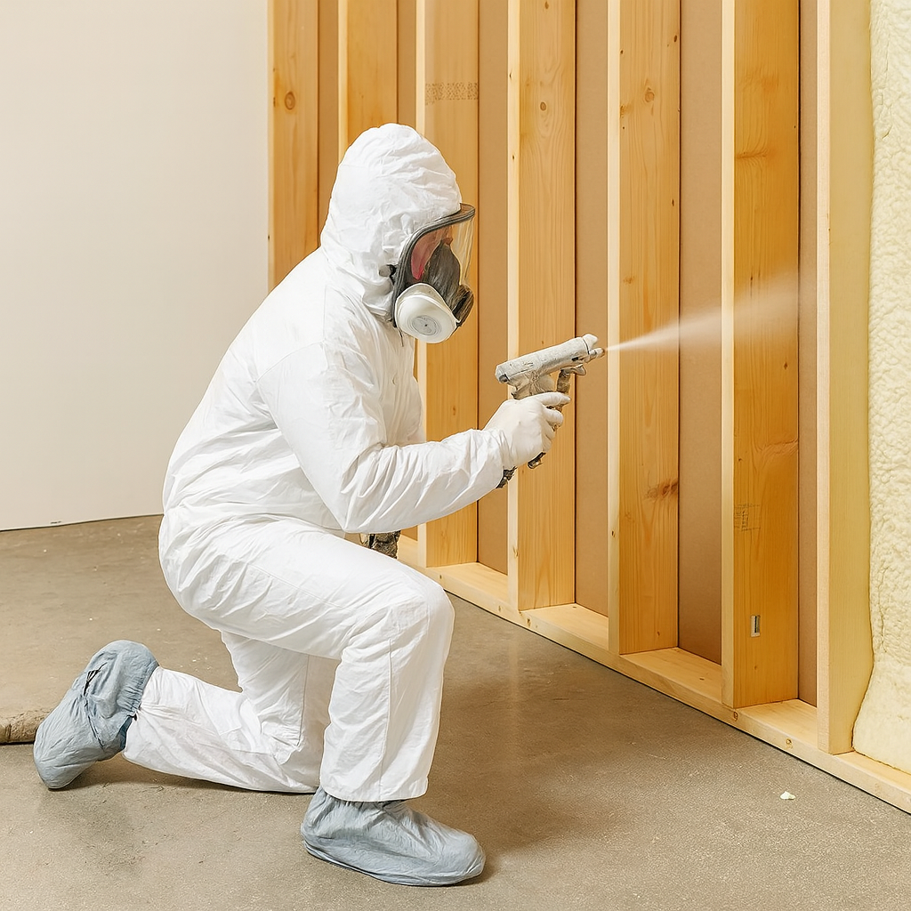 A construction worker in full protective gear kneeling on a concrete floor while spraying foam insulation evenly into wooden wall studs inside a building under construction.